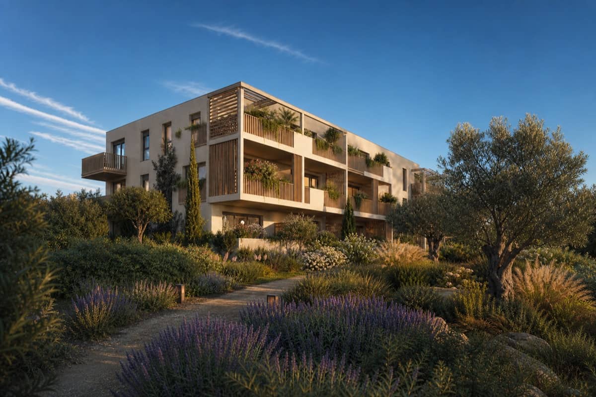 Résidence neuve avec terrasses végétalisées au coucher du soleil