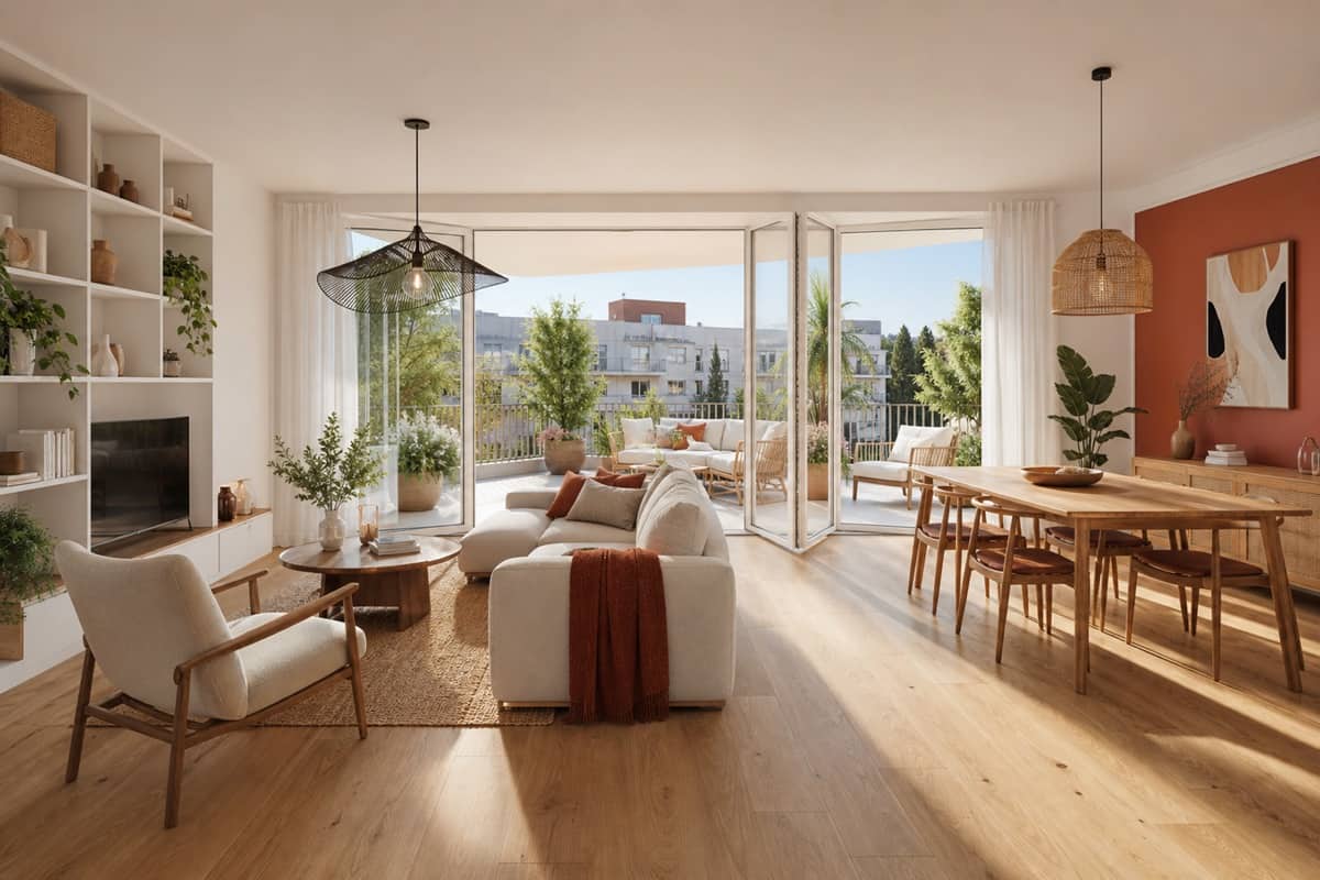 Séjour lumineux d'un appartement neuf ouvert sur une grande terrasse